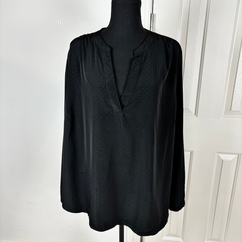 Ava & Viv Womens 2X Black Clip Dot Split V-Neck Long Sleeve Blouse Top